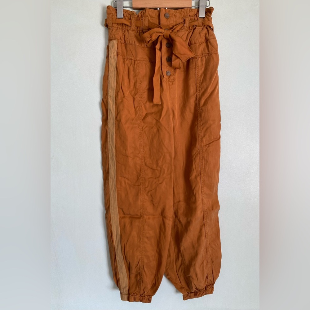 Free People Burnt Orange Paper bag Tie Waist Side Stripe Pants Size XS
